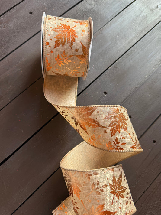 WIRED EDGE BURLAP GILDED AUTUMN LEAVES RIBBON