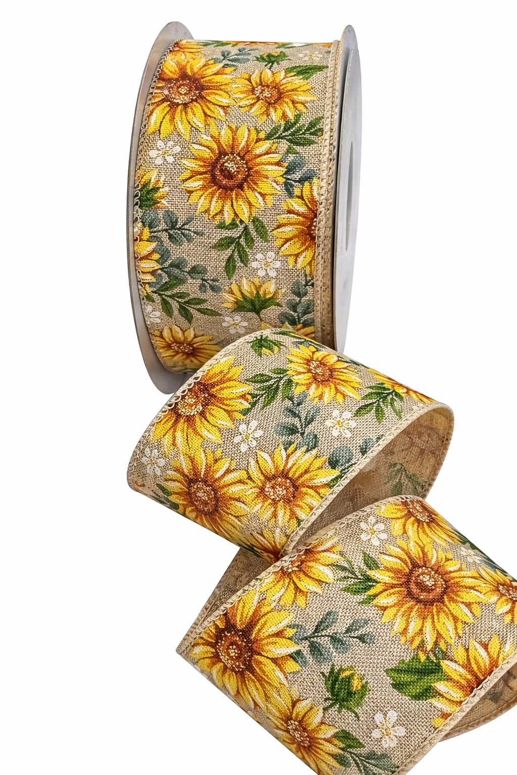 2.5inch (63mm) WIRED NATURAL SUNFLOWER RIBBON - SOLD PER 5 METRE