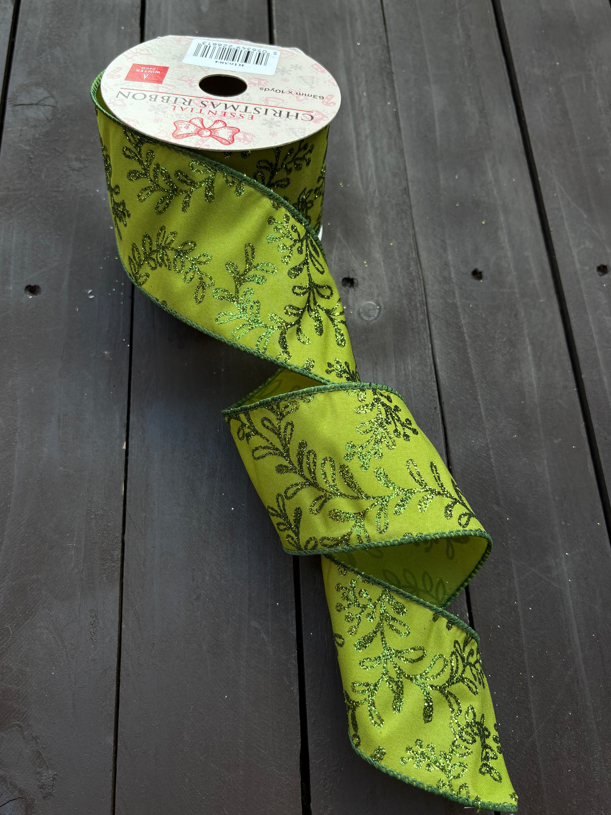 WIRED EDGE GLITTER LEAF RIBBON GREEN