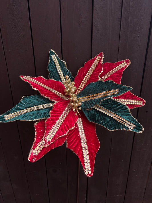 67cm SEQUIN POINSETTIA RED/GREEN/GOLD STEM