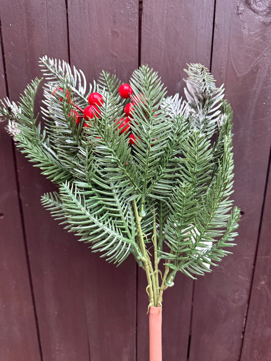 42cm SPRUCE BUSH WITH SNOW & BERRY GREEN/RED