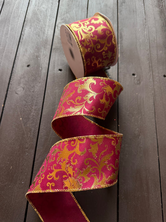 WIRED EDGE LUXURY GILDED FILAGREE RIBBON BURGUNDY/GOLD