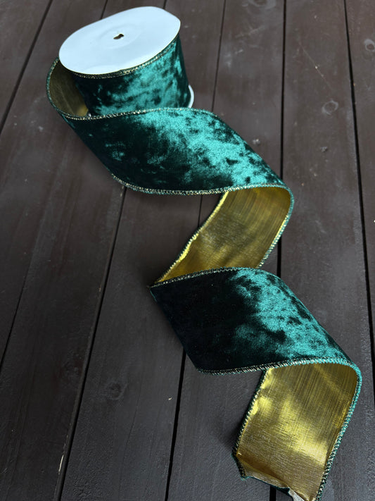 WIRED 63mm VELVET CRUSH RIBBON GREEN/GOLD