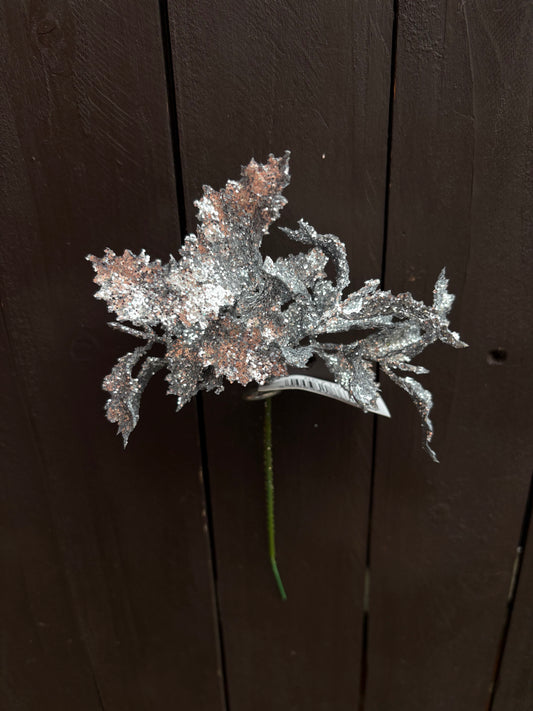 GLITTERED HOLLY CHRISTMAS PICK SILVER