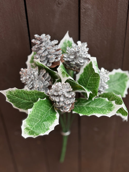SILVER GLITTER PINE CONE HOLLY BUNCH