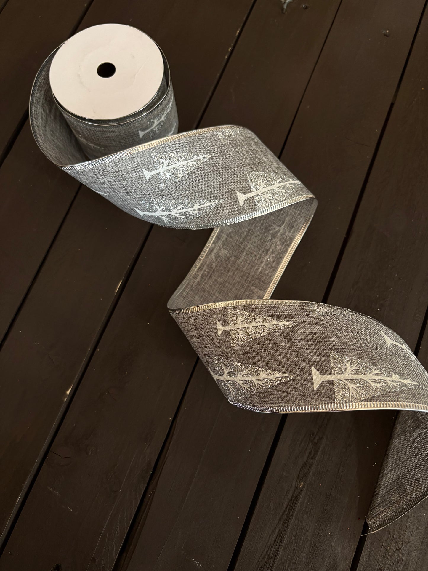 63mm GREY/SILVER TREE BURLAP WIRED EDGE RIBBON x 10yrds