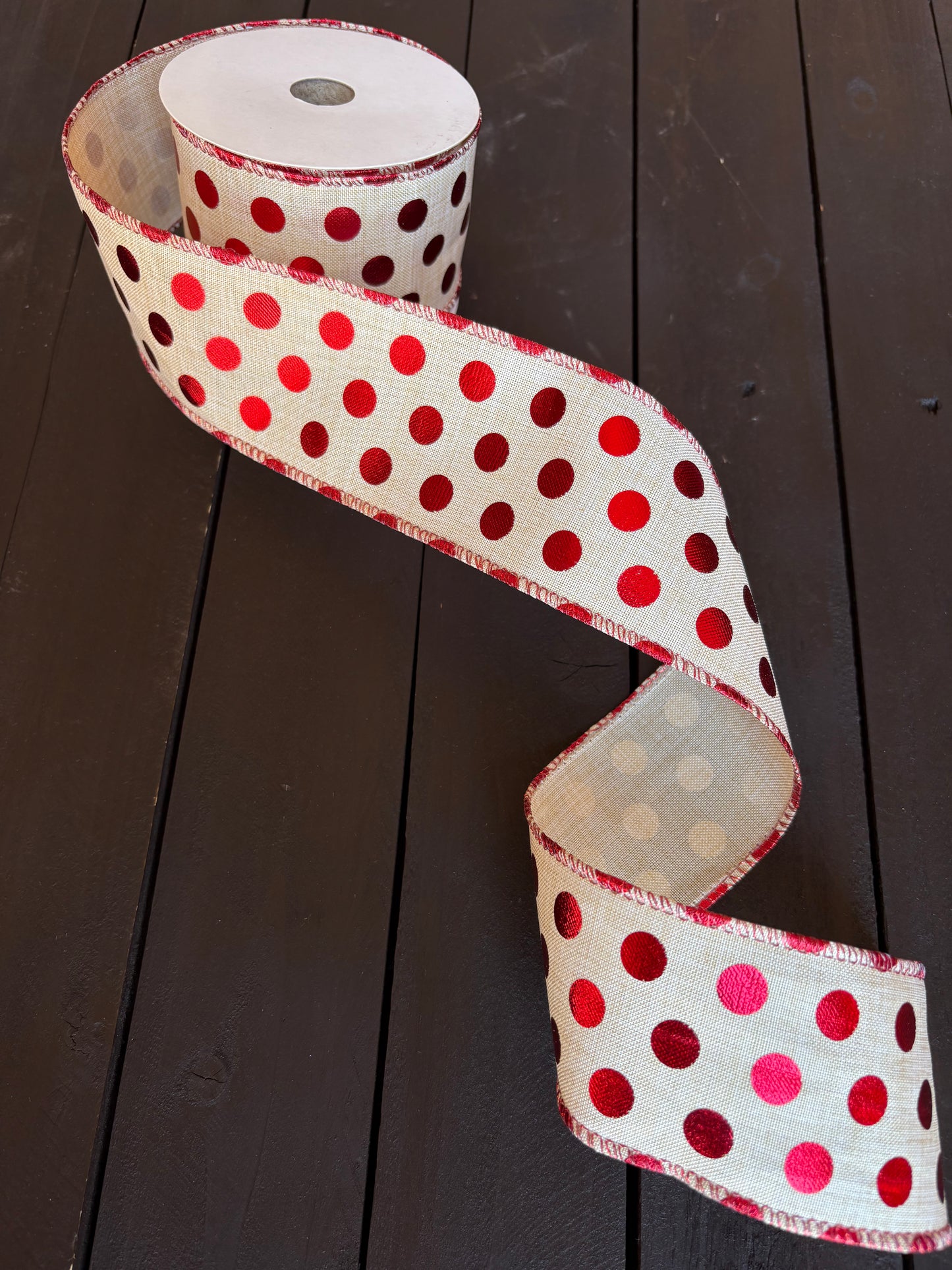 WIRED POLKA DOT NATURAL/RED FOIL RIBBON 63mm x 10yrds