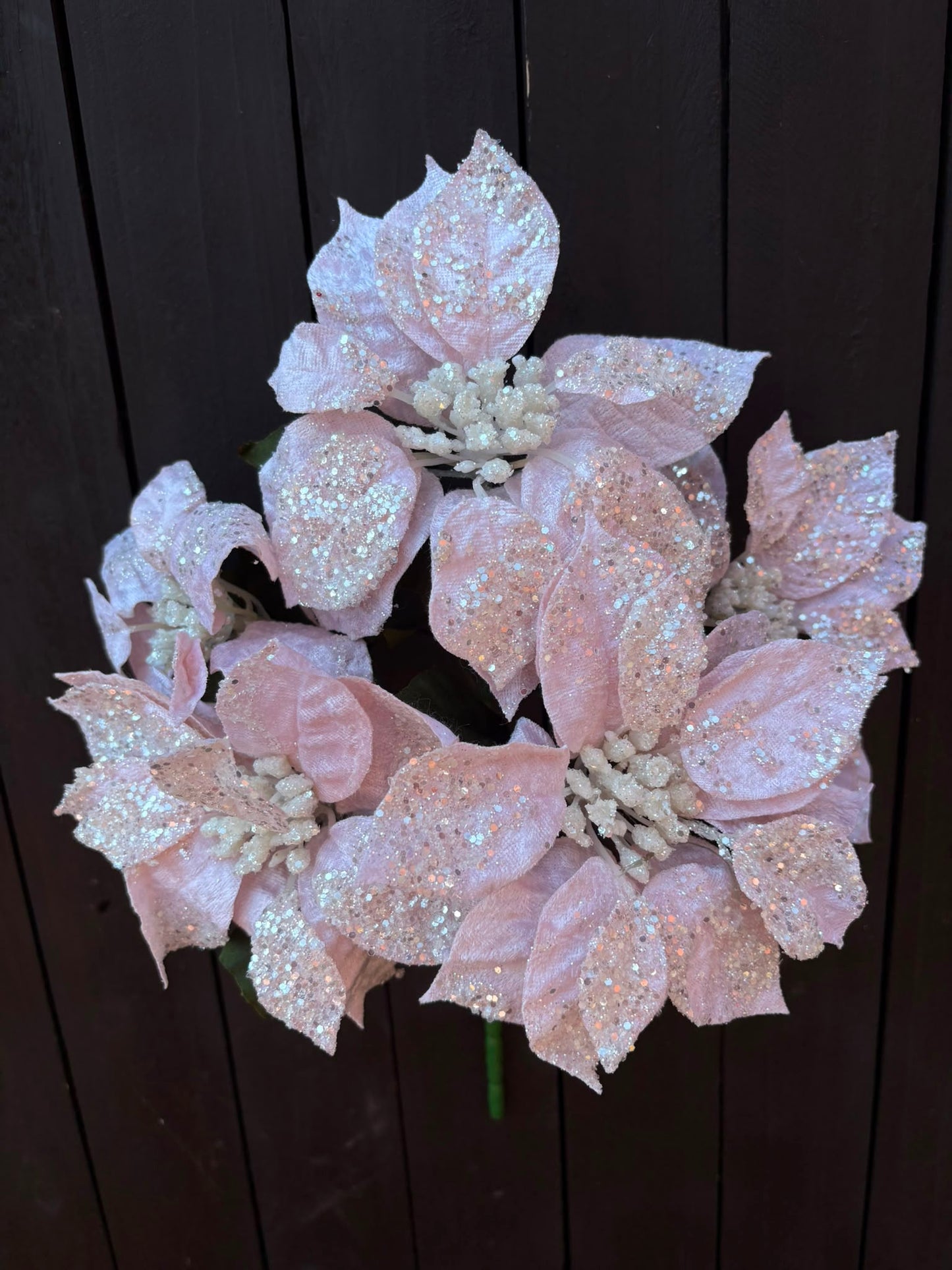 PINK GLITTER CRYSTALLISED POINSETTIA BUSH 5 HEAD