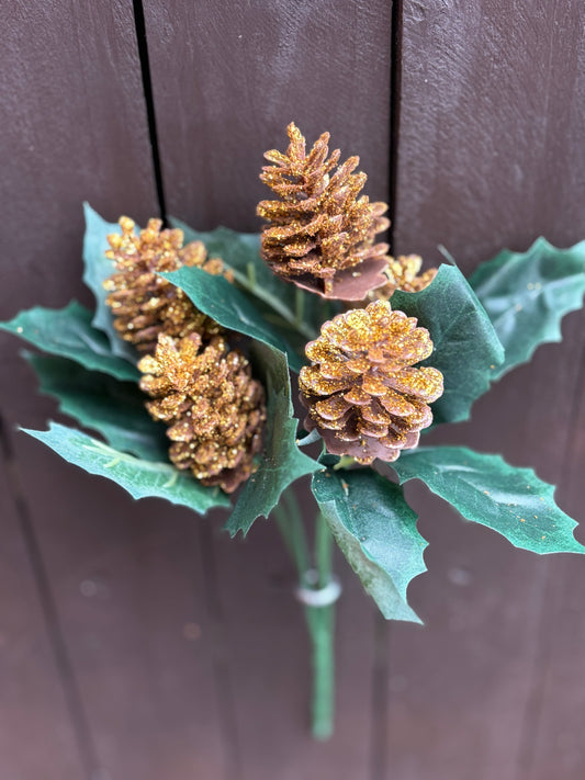 GOLD GLITTER PINE CONE HOLLY BUNCH