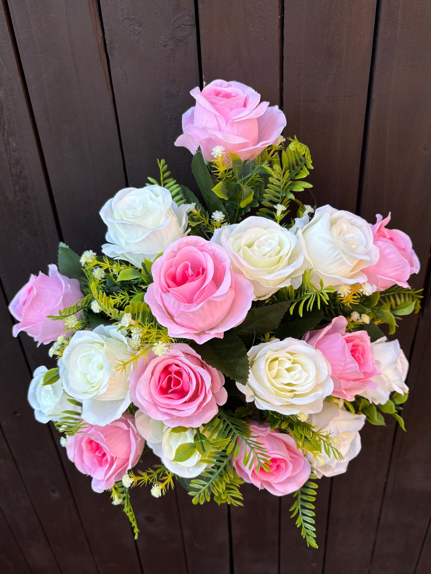 41cm 18 HEAD OPEN ROSE BUSH LIGHT PINK/IVORY