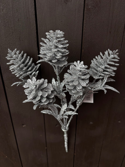 30cm GLITTERED CONE BUSH SILVER