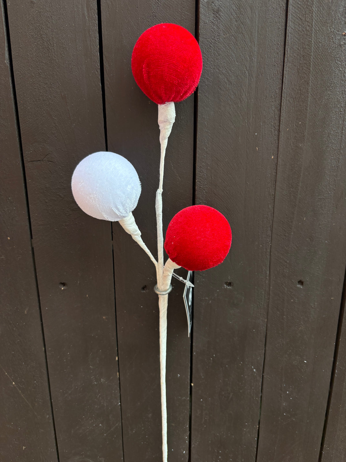 48cm 3 VELVET BALL STEM RED/WHITE