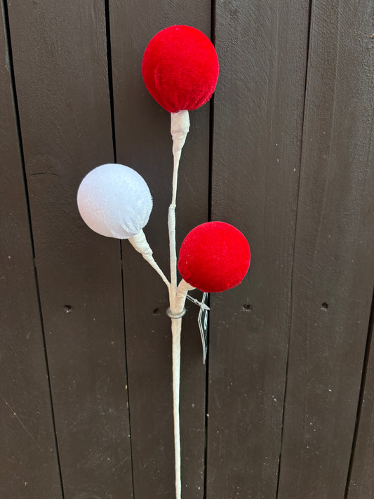 48cm 3 VELVET BALL STEM RED/WHITE