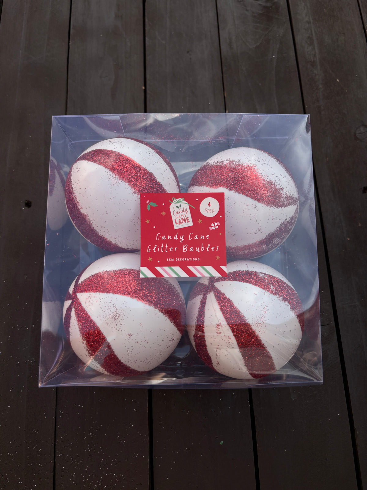PACK 4 BUDGET CANDY CANE GLITTER BAUBLES