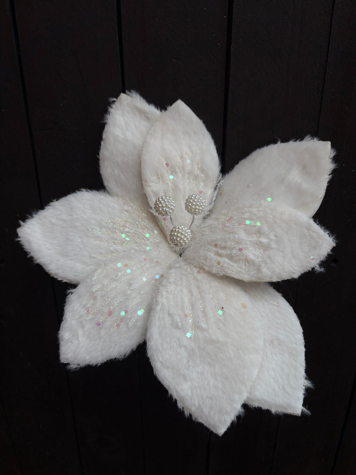 24cm FURRY POINSETTIA PICK WHITE