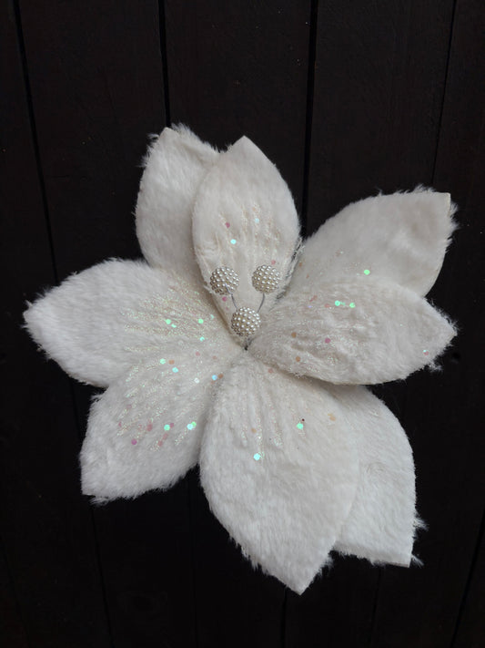 24cm FURRY POINSETTIA PICK WHITE