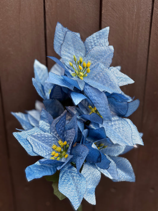 32cm BLUE METALLIC SHIMMER POINSETTIA BUSH 7 HEADS