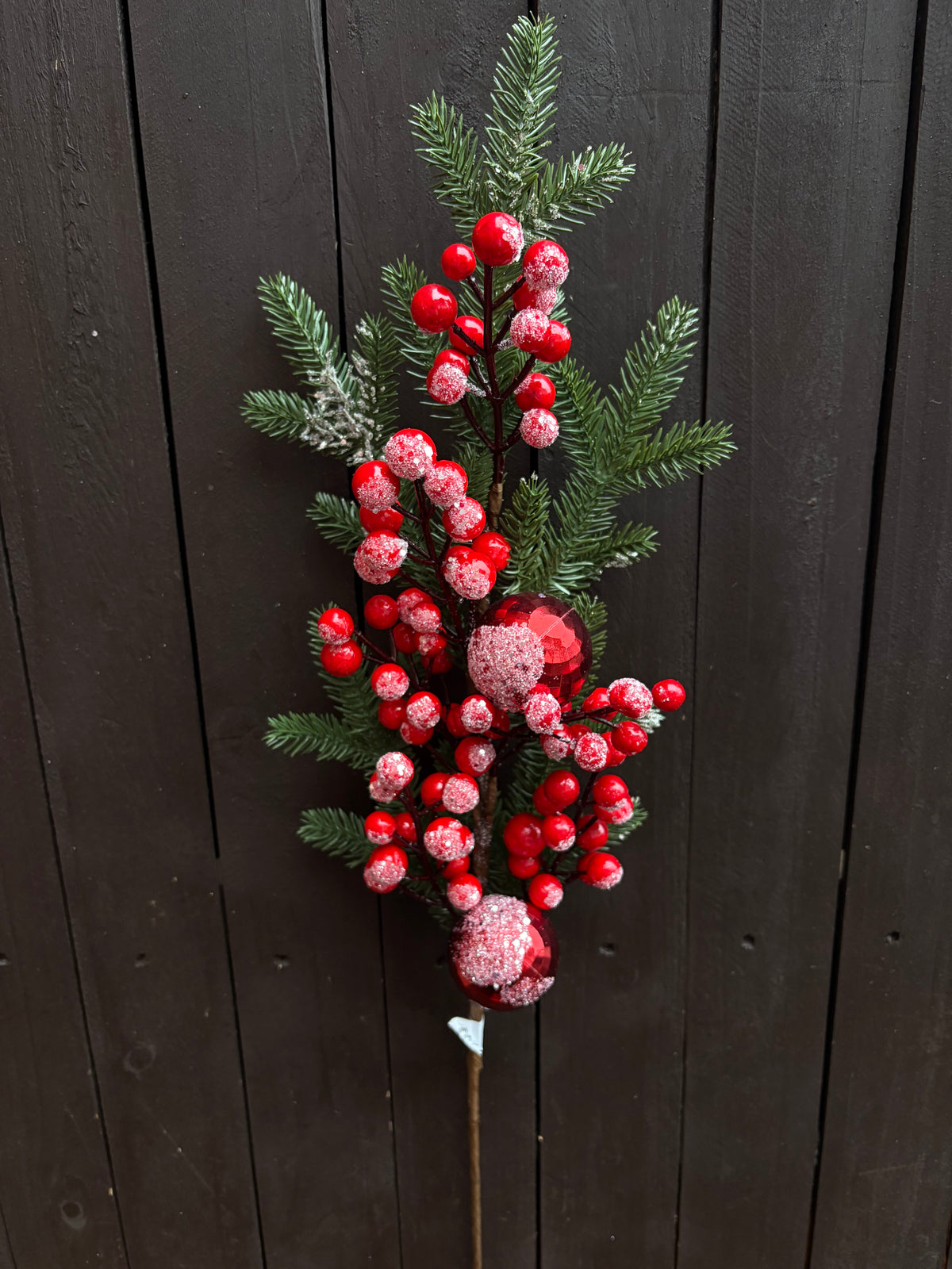 68cm DISCO BAUBLE PINE & BERRY STEM FROSTED RED