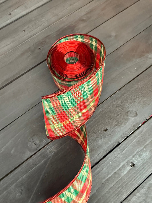 63mm BURLAP TARTAN WIRED RIBBON RED/GREEN x 10yrds