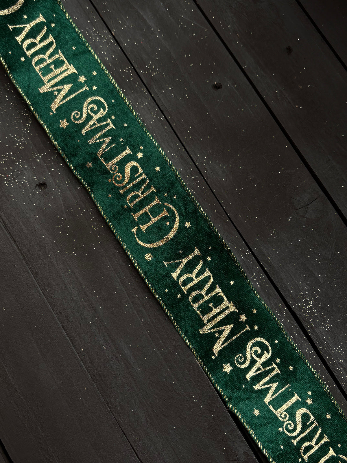 2.7m VELVET MERRY CHRISTMAS RIBBON GREEN/GOLD
