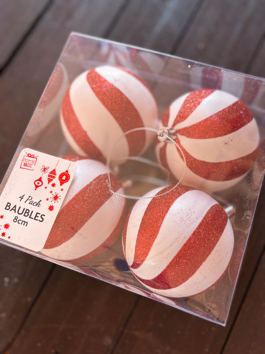 PK4 80MM GLITTER SWIRL BAUBLES WHITE/RED