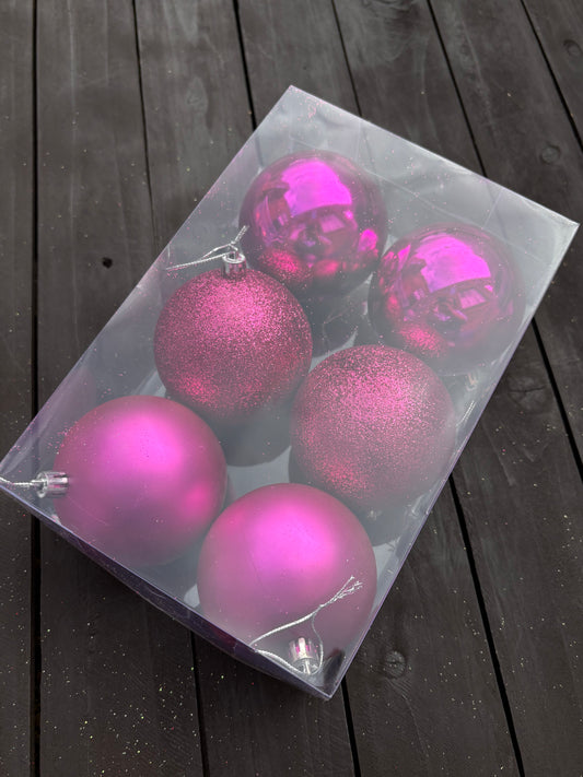 PACK 6 8cm ASSORTED CHRISTMAS BAUBLES HOT PINK