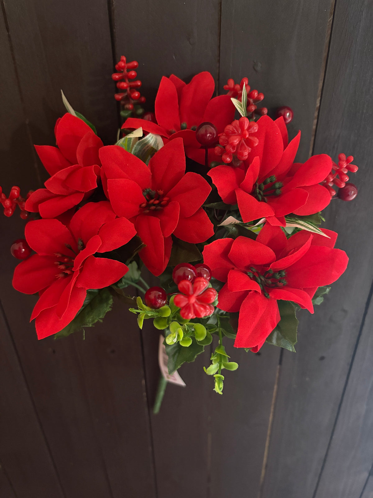 40cm VELVET POINSETTIA & EUCALYPTUS MIXED BUSH RED