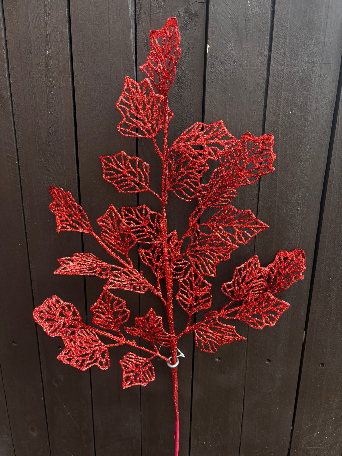 75cm GLITTER FERN LEAF STEM RED