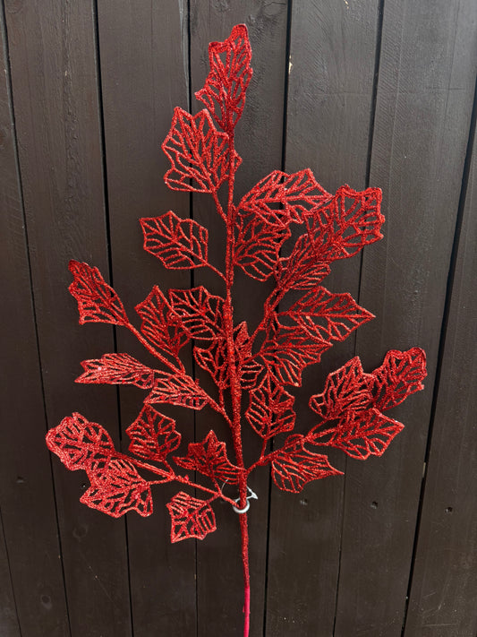 75cm GLITTER FERN LEAF STEM RED