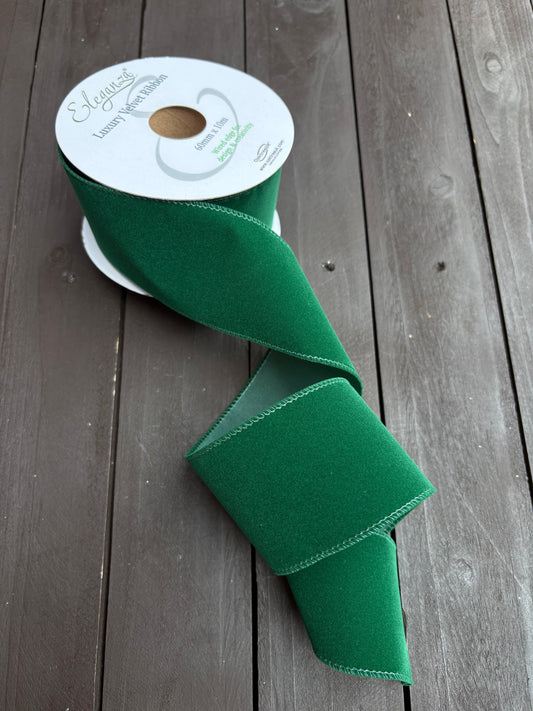 60mm WIRED VELVET RIBBON GREEN