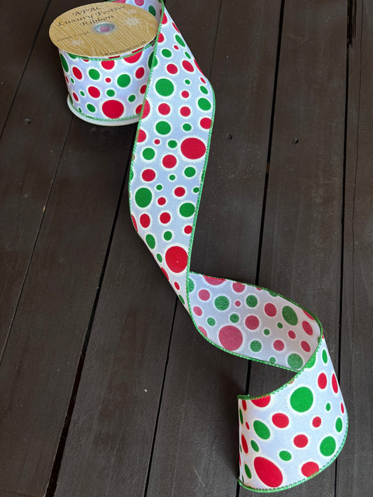 WIRED SATIN WHITE RIBBON WITH GLITTERED RED & GREEN DOTS 63mm x 10m
