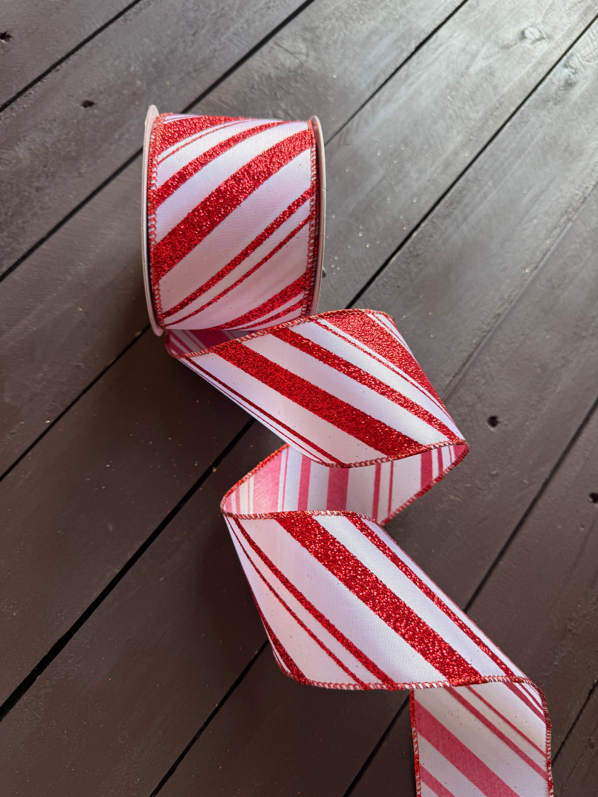 WIRED EDGE GLITTER CANDY STRIPE RIBBON RED/WHITE
