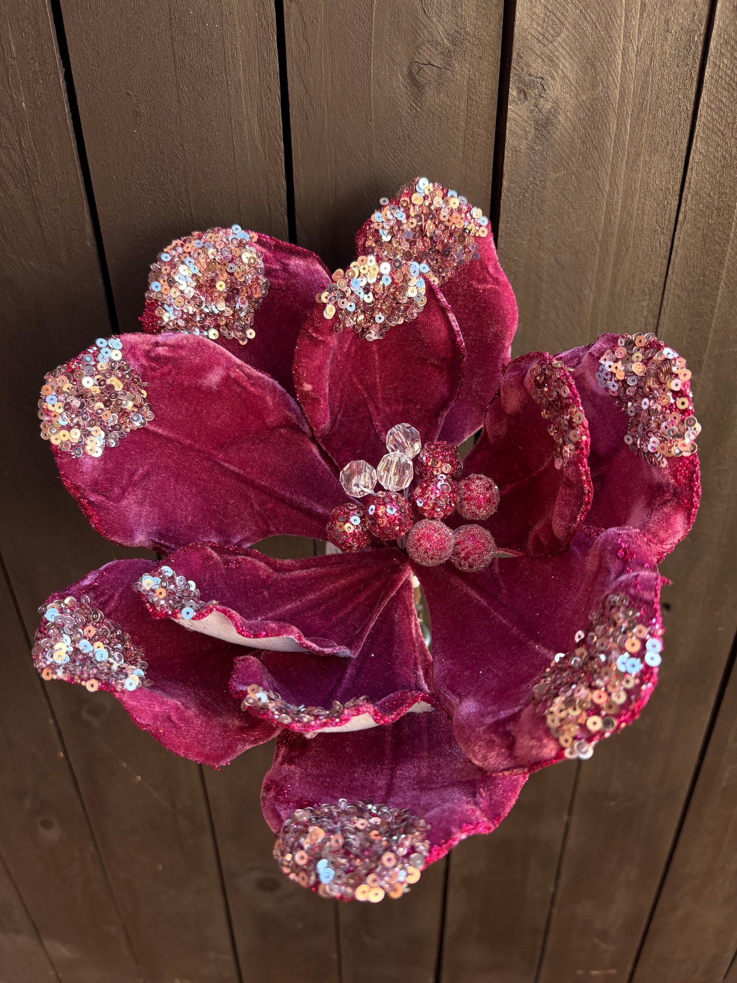 24cm DELUXE SEQUIN TIPPED POINSETTIA DARK PINK