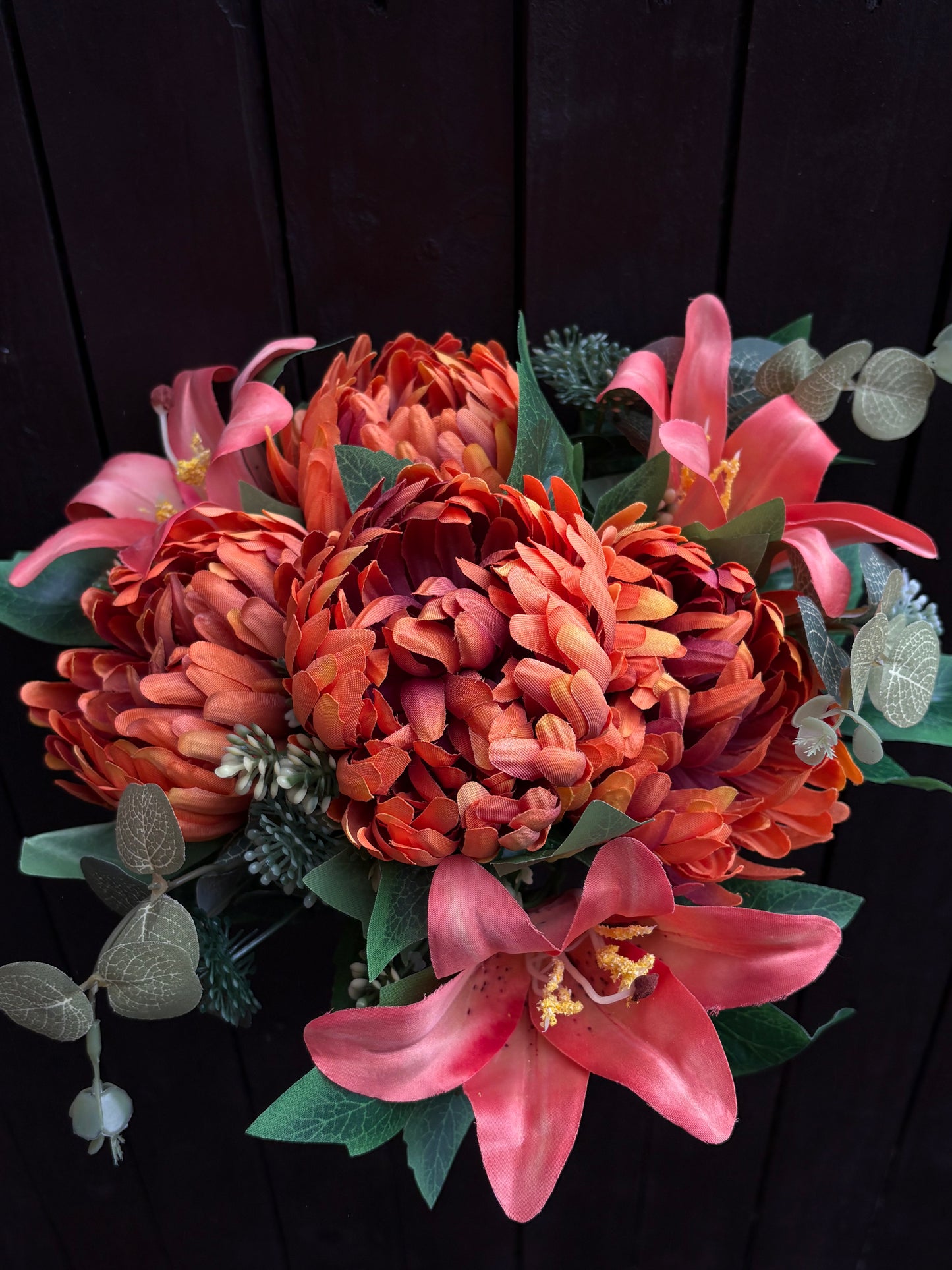 45cm LILY & BALL MUM BUSH WITH EUCALYPTUS BURNT ORANGE