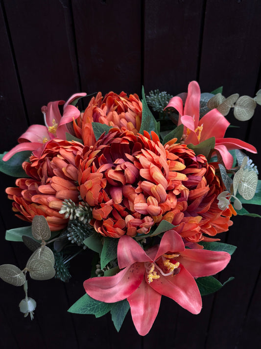 45cm LILY & BALL MUM BUSH WITH EUCALYPTUS BURNT ORANGE
