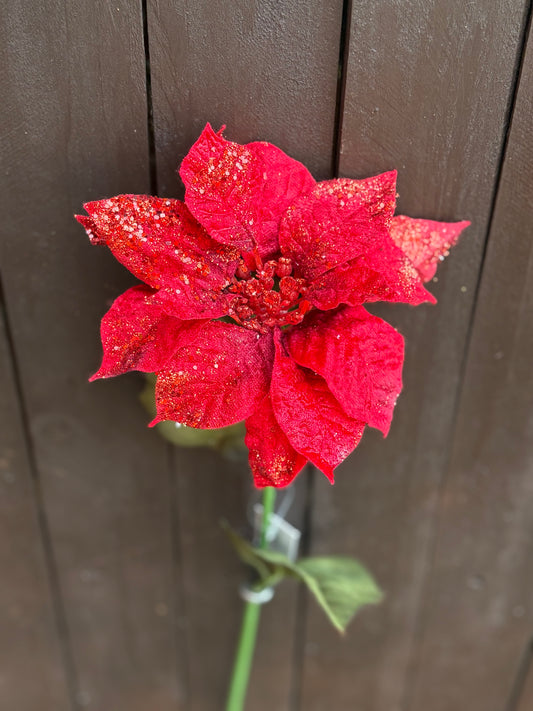 66cm SMALL SINGLE POINSETTIA GLITTER RED