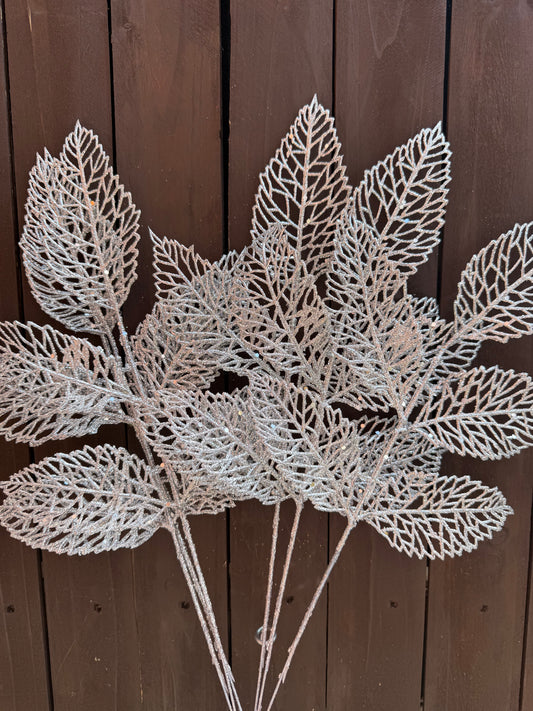 45cm GLITTERED LEAF SPRAY SILVER x 6pcs