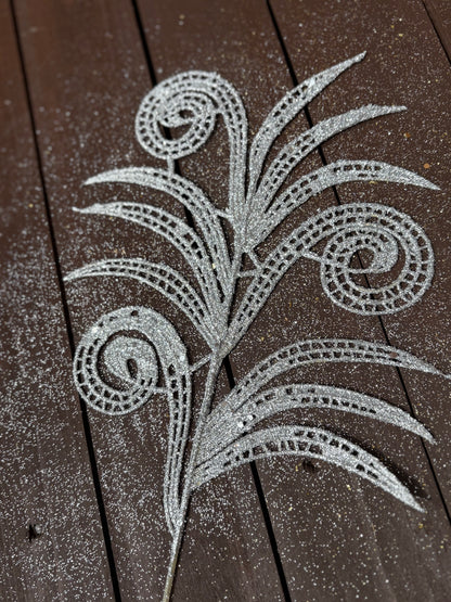 36cm GLITTERED PEACOCK LEAF SPRAY SILVER (12pcs)