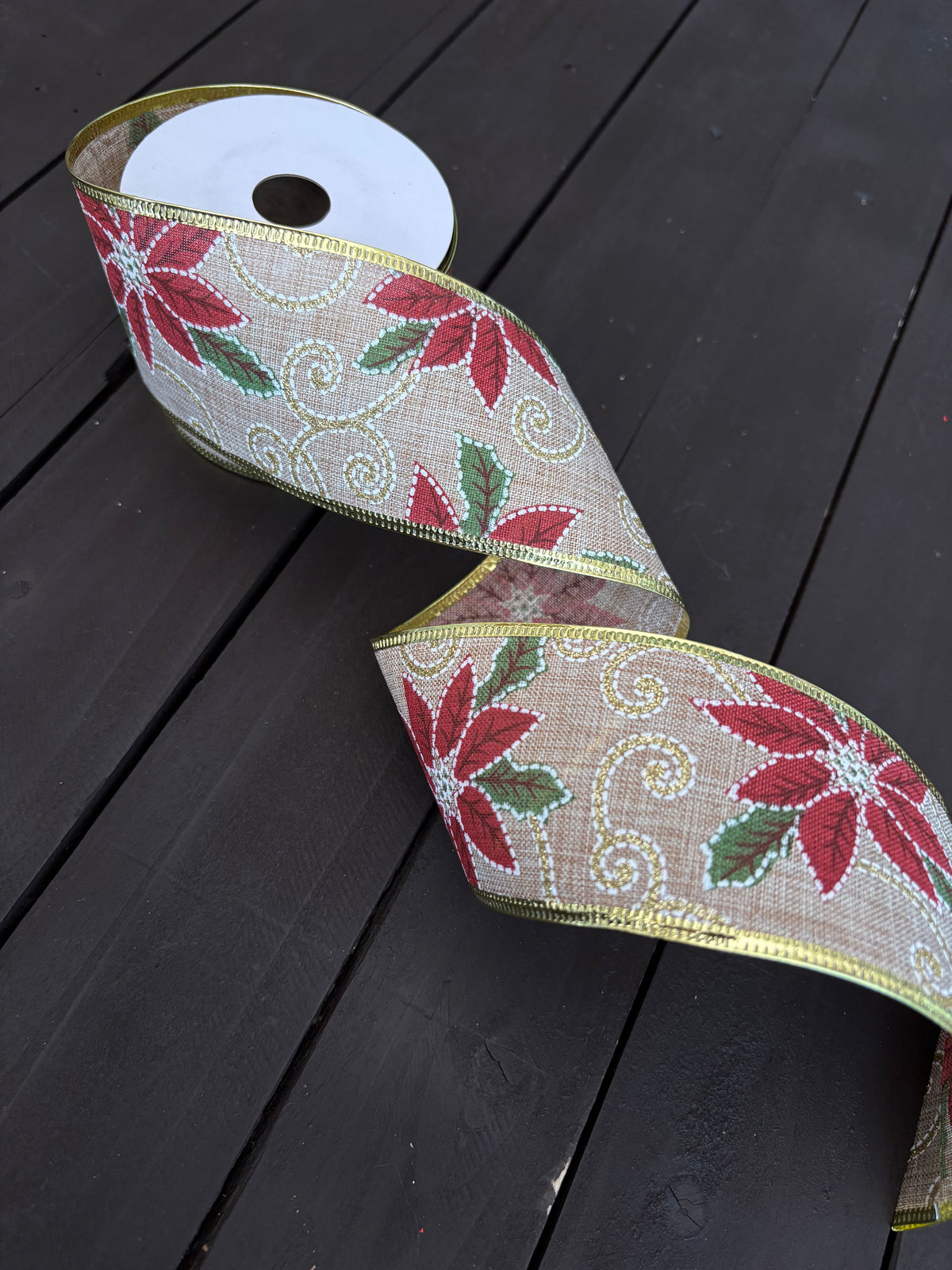 63mm x 10yrds CHRISTMAS FABRIC WIRED EDGE POINSETTIA RIBBON NATURAL/RED/GREEN/GOLD