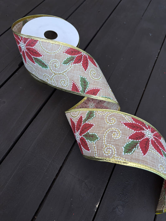 63mm x 10yrds CHRISTMAS FABRIC WIRED EDGE POINSETTIA RIBBON NATURAL/RED/GREEN/GOLD