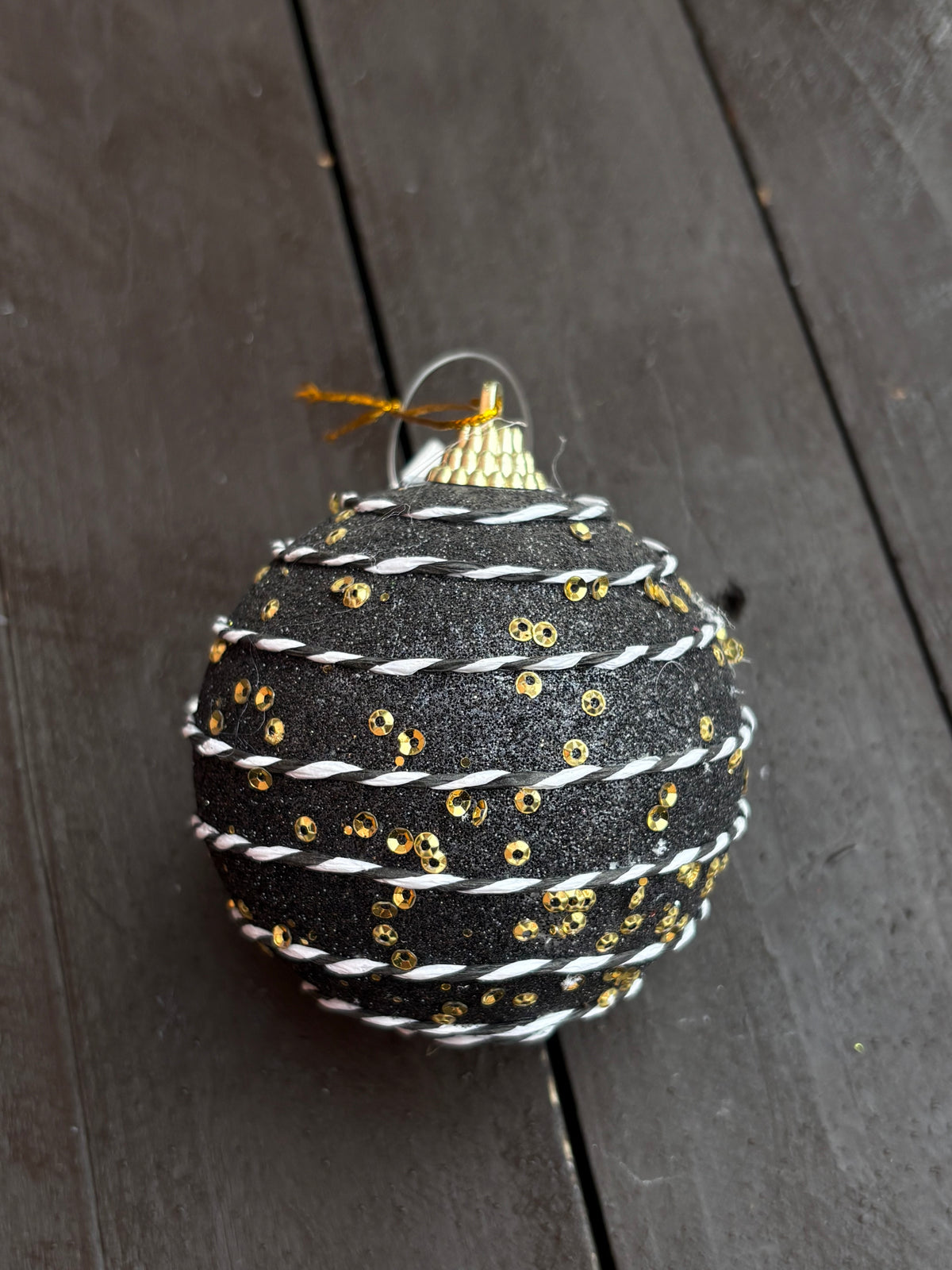 8cm GLITTER & TWINE BAUBLE BLACK/WHITE/GOLD