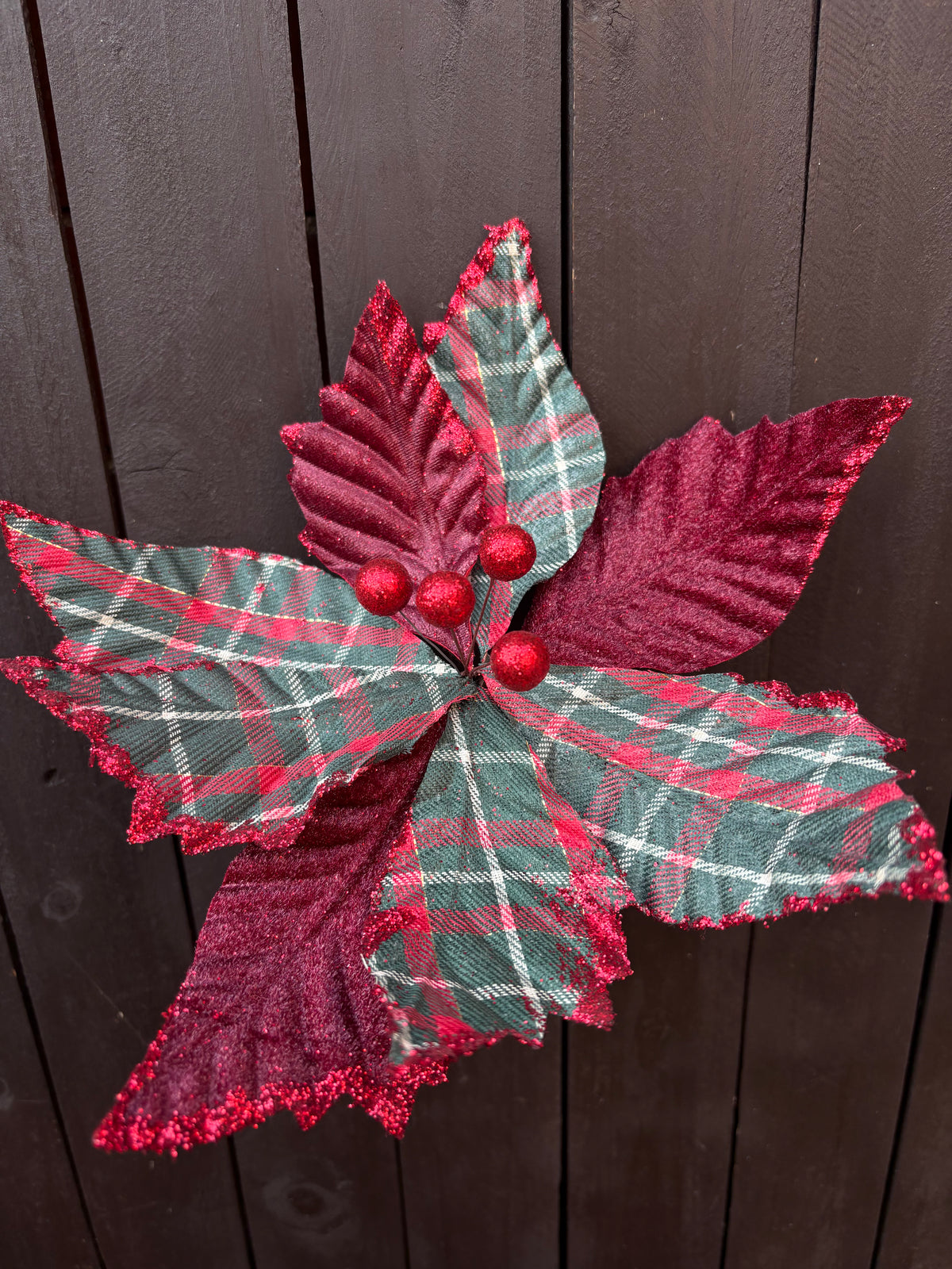 26cm TARTAN POINSETTIA PICK RED/GREEN