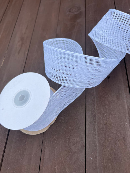 50mm HESSIAN & LACE WOVEN EDGE RIBBON WHITE x10yds