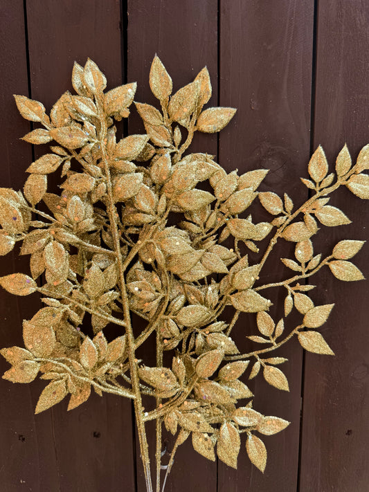 40cm GLITTERED MINI LEAF SPRAY GOLD X 6pcs