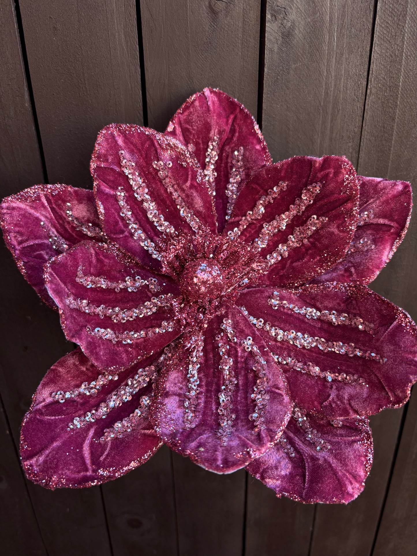 24cm DELUXE VELVET SEQUIN POINSETTIA DARK PINK