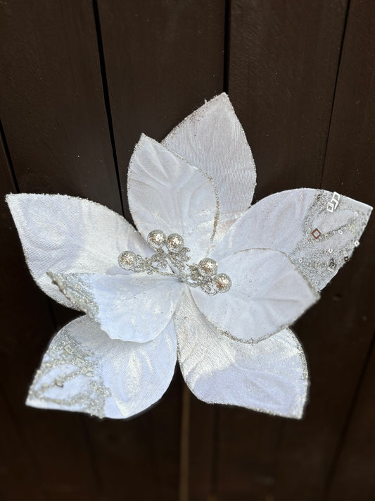 45cm SINGLE VELVET SEQUIN POINSETTIA WHITE