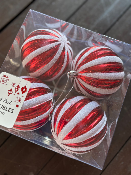 80MM RIBBED BAUBLES RED/WHITE 4PK