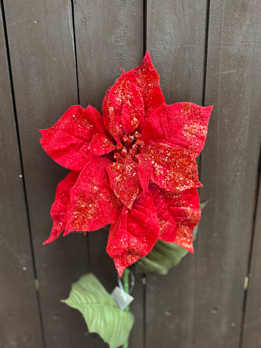 66cm LARGE SINGLE POINSETTIA GLITTER RED