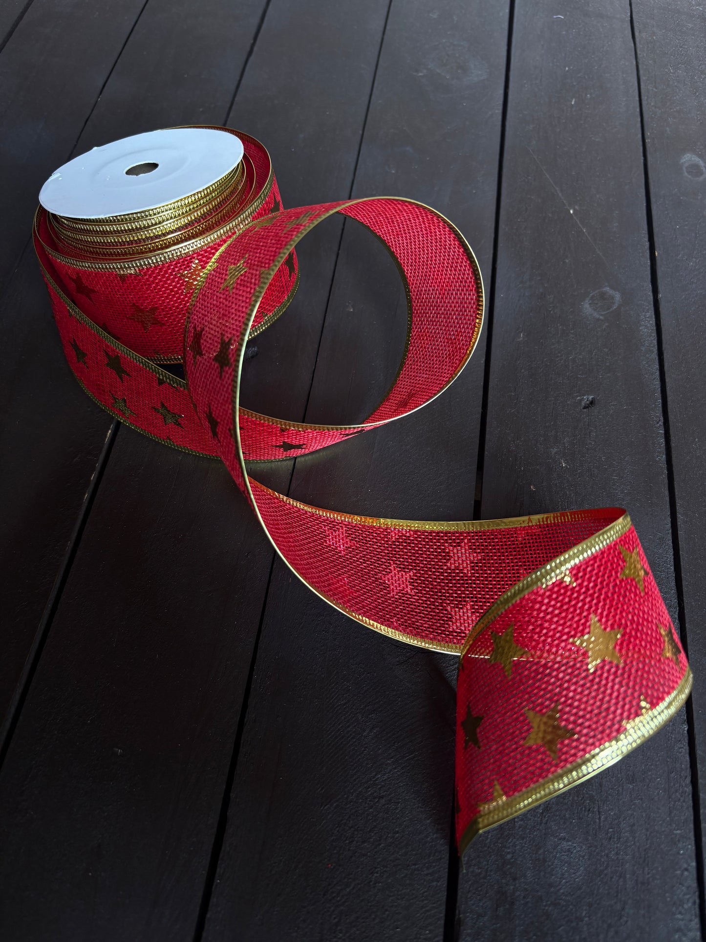 50mm HESSIAN WOVEN EDGE STARS RIBBON RED/GOLD