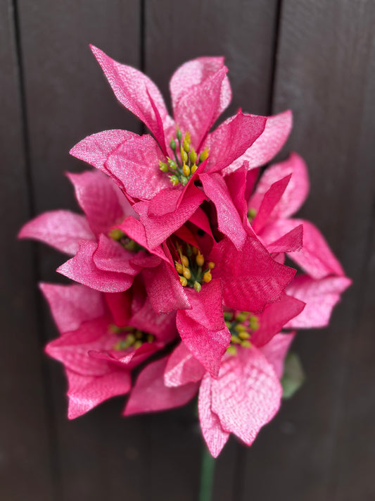 32cm PINK METALLIC SHIMMER POINSETTIA BUSH 7 HEADS